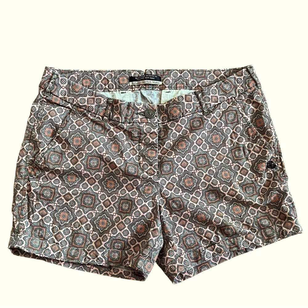 Maison Scotch Patterned Shorts Boho Mid-Rise Cotton Size 30 Retro Tile Print